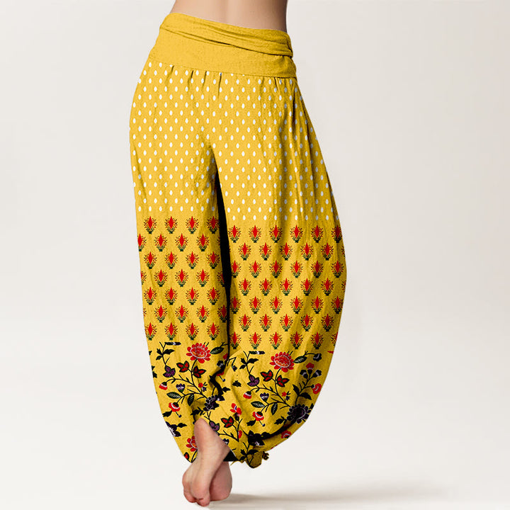 Buddha Stones Pantalones harem de mujer con cintura elástica y estampado de flores rojas y moradas con lunares de algodón. - image 1