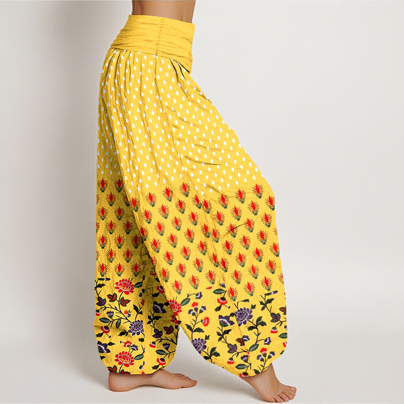 Buddha Stones Pantalones harem de mujer con cintura elástica y estampado de flores rojas y moradas con lunares de algodón. - image 2