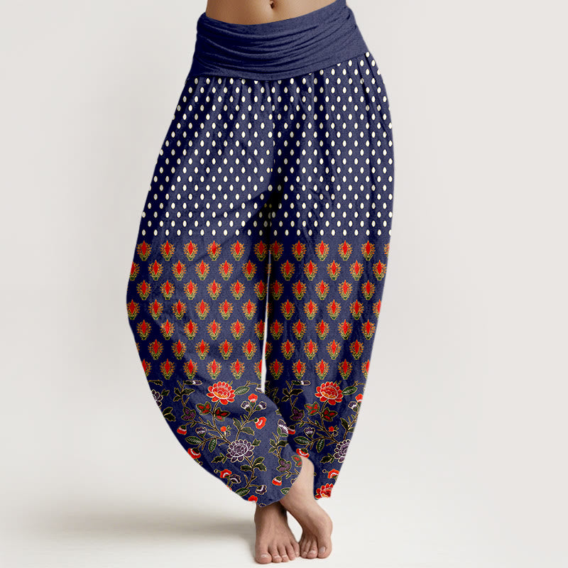 Buddha Stones Pantalones harem de mujer con cintura elástica y estampado de flores rojas y moradas con lunares de algodón. - Azul medianoche - US16，UK/AU20，EU48 (3XL) - image 5