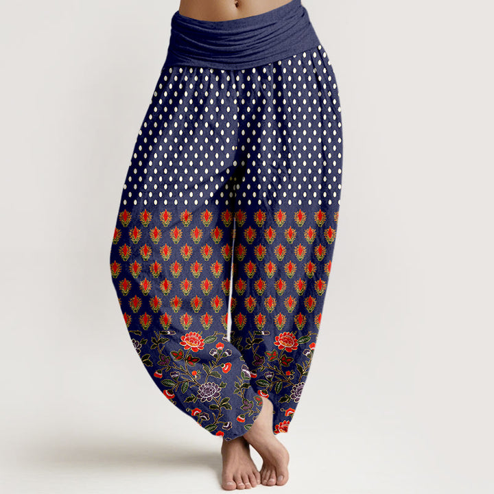 Buddha Stones Pantalones harem de mujer con cintura elástica y estampado de flores rojas y moradas con lunares de algodón. - Azul medianoche - US16，UK/AU20，EU48 (3XL) - image 5