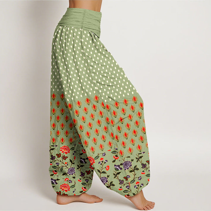 Buddha Stones Pantalones harem de mujer con cintura elástica y estampado de flores rojas y moradas con lunares de algodón. - image 10