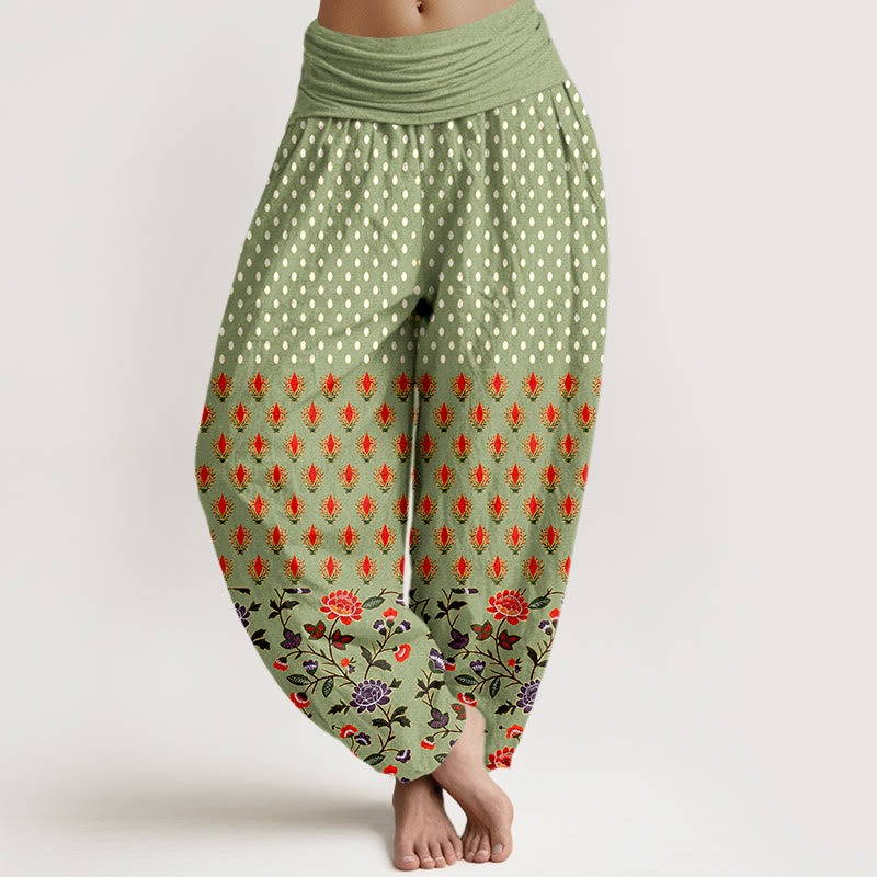 Buddha Stones Pantalones harem de mujer con cintura elástica y estampado de flores rojas y moradas con lunares de algodón. - Verde mar oscuro - US16，UK/AU20，EU48 (3XL) - image 8