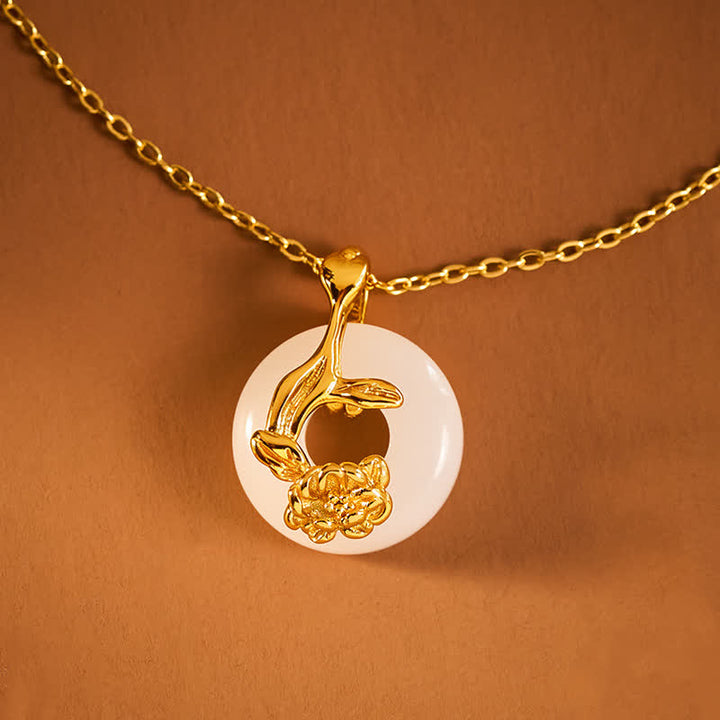 Buddha Stones Collar con colgante de plata de ley 925 con hebilla de peonía y jade blanco Hetian, símbolo de bendición. - image 2