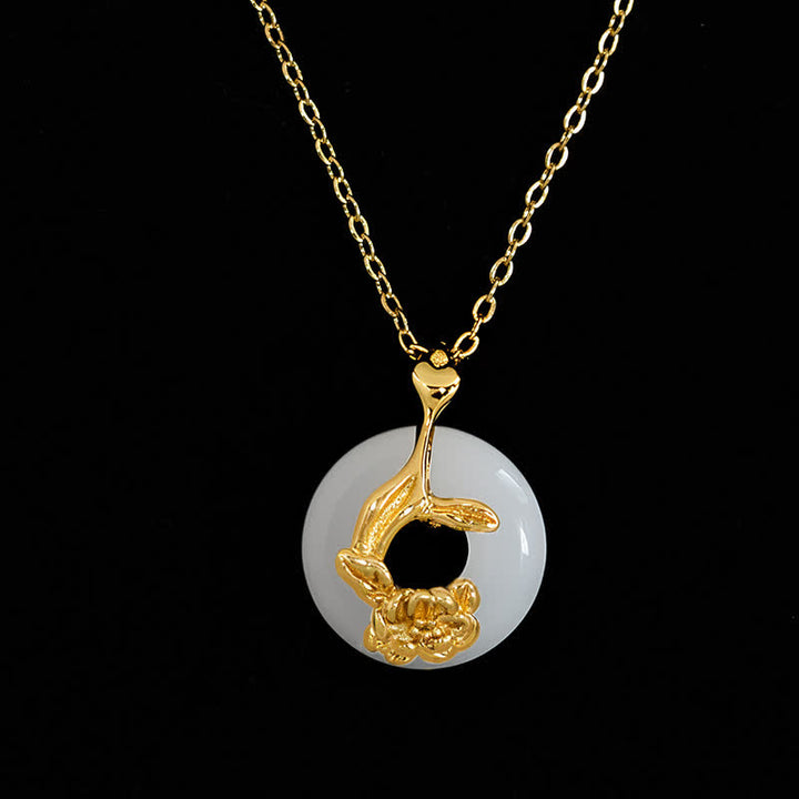 Buddha Stones Collar con colgante de plata de ley 925 con hebilla de peonía y jade blanco Hetian, símbolo de bendición. - image 3