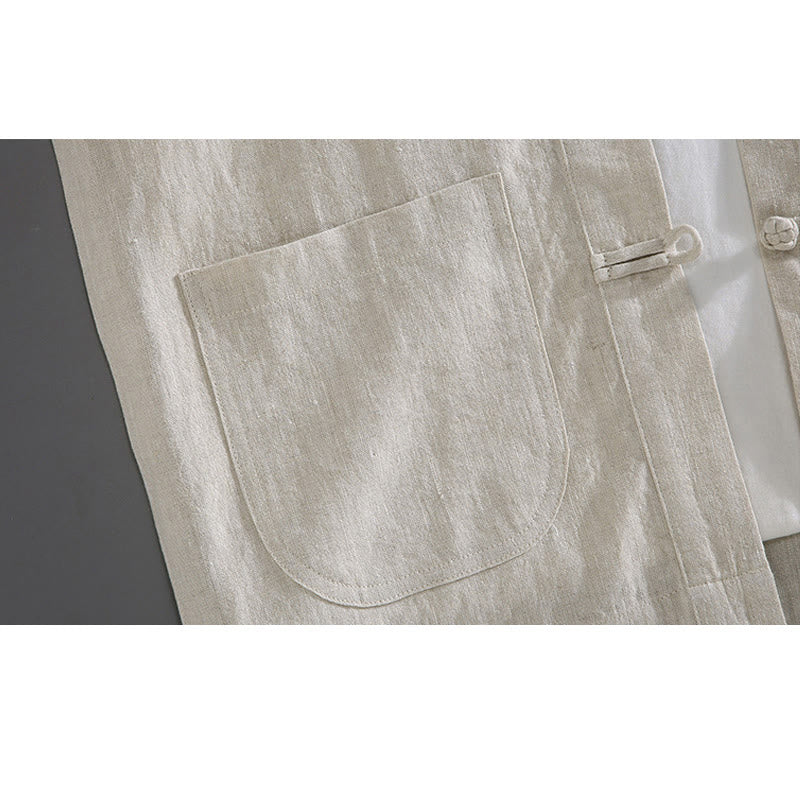 Camisa de hombre estilo Tang vintage lisa con estampado de Buddha Stones y botones de rana, con bolsillos. - image 1