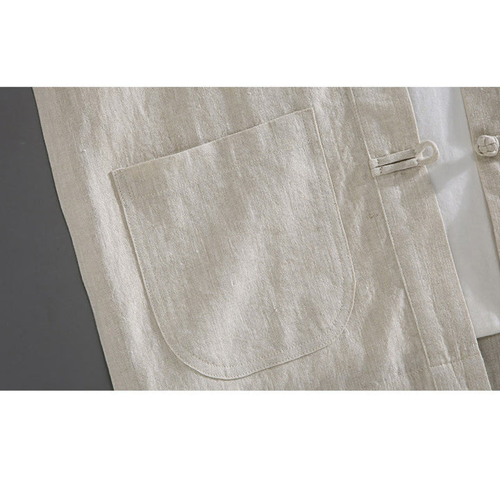 Camisa de hombre estilo Tang vintage lisa con estampado de Buddha Stones y botones de rana, con bolsillos. - image 1