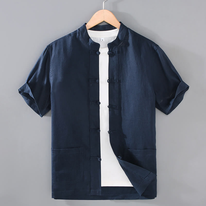 Camisa de hombre estilo Tang vintage lisa con estampado de Buddha Stones y botones de rana, con bolsillos. - Azul medianoche - US/UK/AU46, EU56 (5XL) - image 9