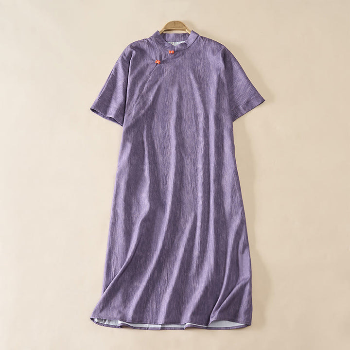 Buddha Stones Vestido de verano liso de manga corta y cuello redondo por debajo de la rodilla - Morado medio - US14，UK/AU18，EU46 (2XL) - image 0