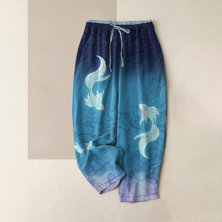 Buddha Stones Pantalones de mujer de algodón puro con estampado de olas y peces koi, cintura elástica y bolsillos. - Azul oscuro - US16，UK/AU20，EU48 (3XL) - image 0