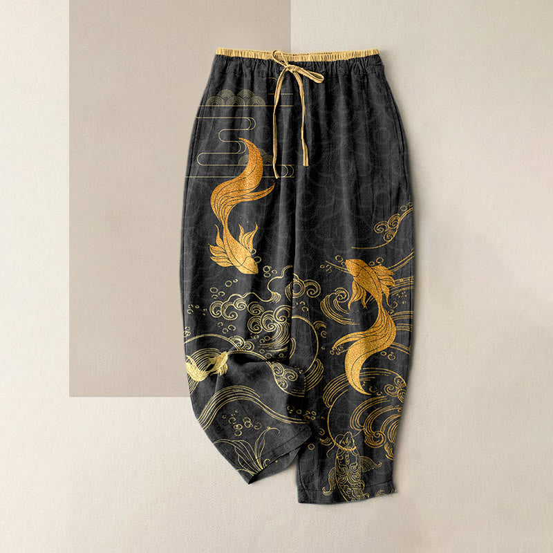 Buddha Stones Pantalones de mujer de algodón puro con estampado de olas y peces koi, cintura elástica y bolsillos. - Negro - US16，UK/AU20，EU48 (3XL) - image 5