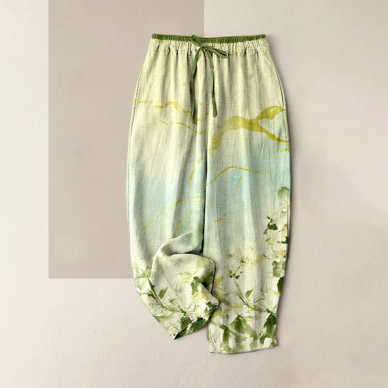 Buddha Stones Pantalones de mujer de algodón puro con estampado floral de líneas doradas, cintura elástica y bolsillos. - Verde mar oscuro - US16，UK/AU20，EU48 (3XL) - image 3