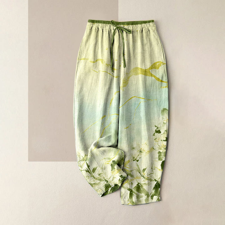 Buddha Stones Pantalones de mujer de algodón puro con estampado floral de líneas doradas, cintura elástica y bolsillos. - Verde mar oscuro - US16，UK/AU20，EU48 (3XL) - image 3