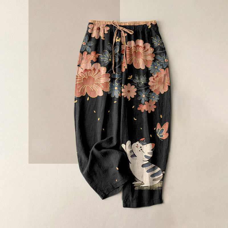 Buddha Stones Pantalones de mujer de algodón puro con estampado de gato, mariposa y flores rosas, cintura elástica y bolsillos. - Negro - US16，UK/AU20，EU48 (3XL) - image 0