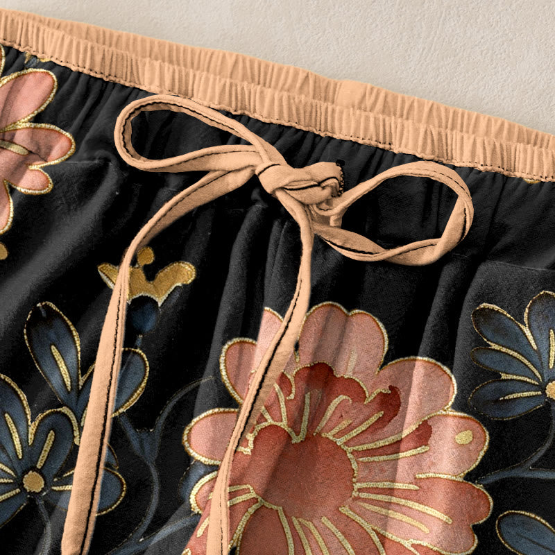 Buddha Stones Pantalones de mujer de algodón puro con estampado de gato, mariposa y flores rosas, cintura elástica y bolsillos. - image 1