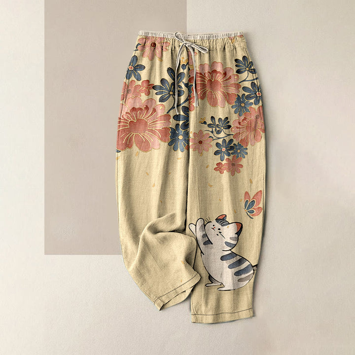Buddha Stones Pantalones de mujer de algodón puro con estampado de gato, mariposa y flores rosas, cintura elástica y bolsillos. - vara de oro pálida - US16，UK/AU20，EU48 (3XL) - image 4