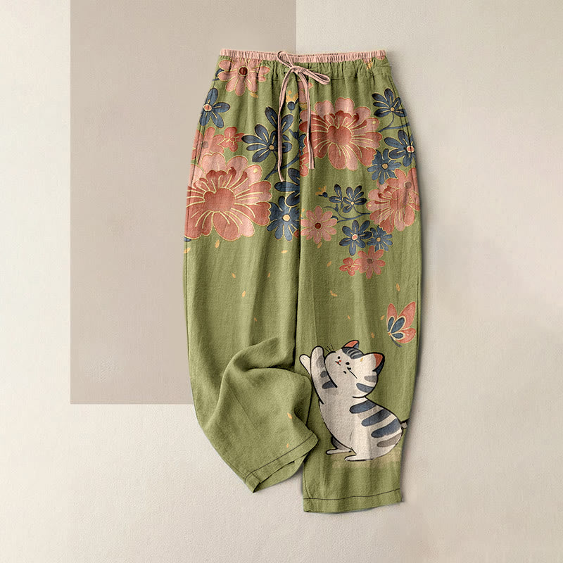 Buddha Stones Pantalones de mujer de algodón puro con estampado de gato, mariposa y flores rosas, cintura elástica y bolsillos. - Verde oliva - US16，UK/AU20，EU48 (3XL) - image 5