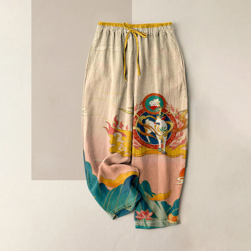 Buddha Stones Pantalones de mujer de algodón puro con estampado de ciervos, montaña y loto, cintura elástica y bolsillos. - Beige - US16，UK/AU20，EU48 (3XL) - image 0