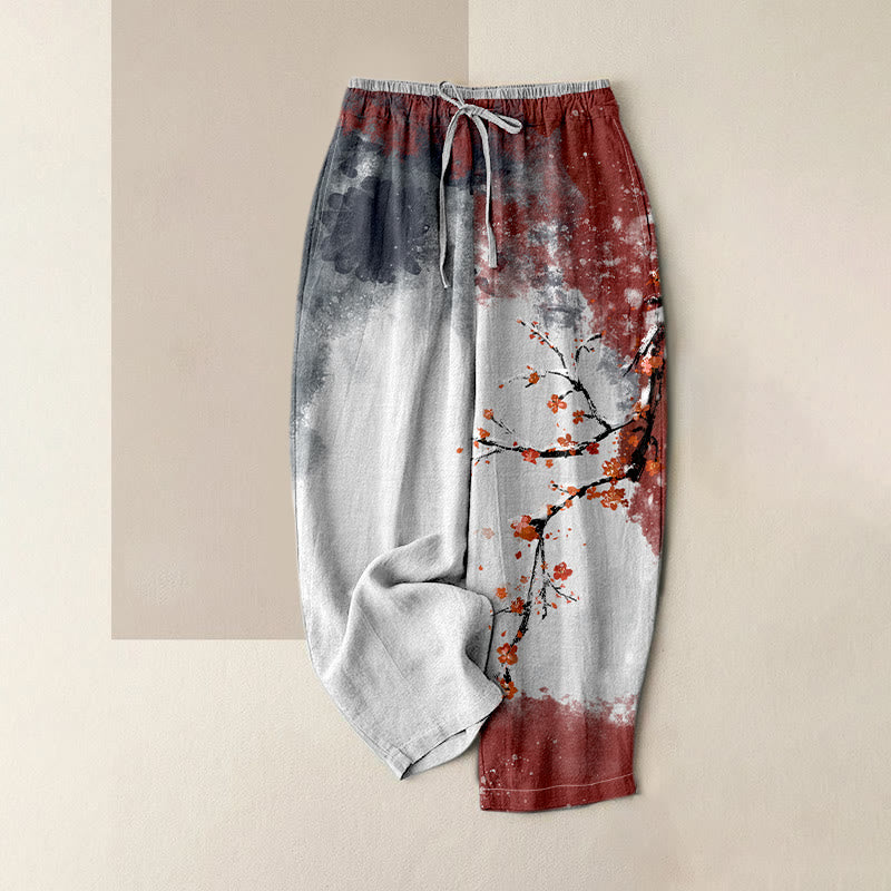 Buddha Stones Pantalones de mujer de algodón puro con estampado de flores de ciruelo y nieve, cintura elástica y bolsillos. - Gris pizarra - US16，UK/AU20，EU48 (3XL) - image 0