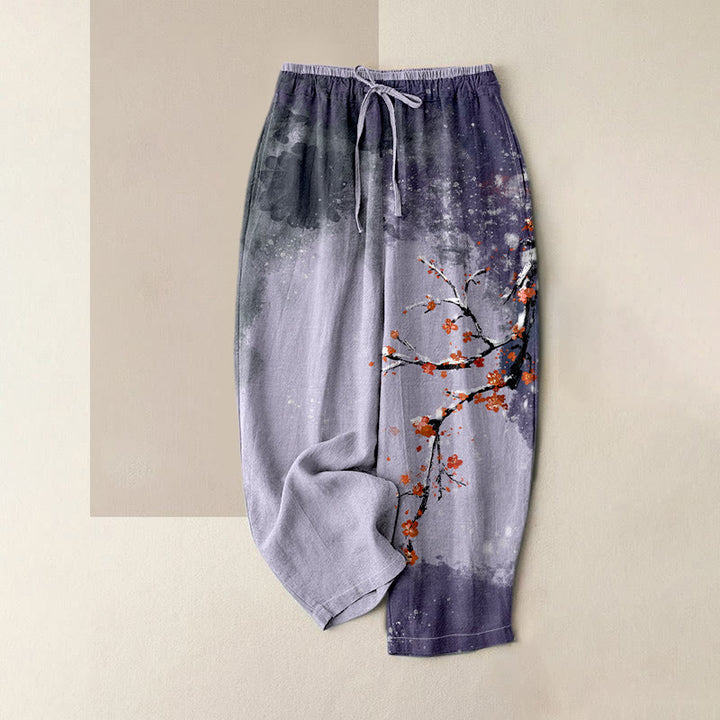 Buddha Stones Pantalones de mujer de algodón puro con estampado de flores de ciruelo y nieve, cintura elástica y bolsillos. - Lavanda - US16，UK/AU20，EU48 (3XL) - image 3