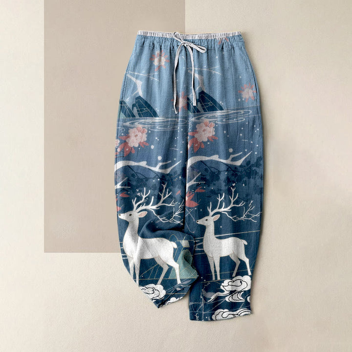 Buddha Stones Pantalones de mujer de algodón puro con estampado de flores rosas, ciervos y montaña, cintura elástica y bolsillos. - Azul acero - US16，UK/AU20，EU48 (3XL) - image 0