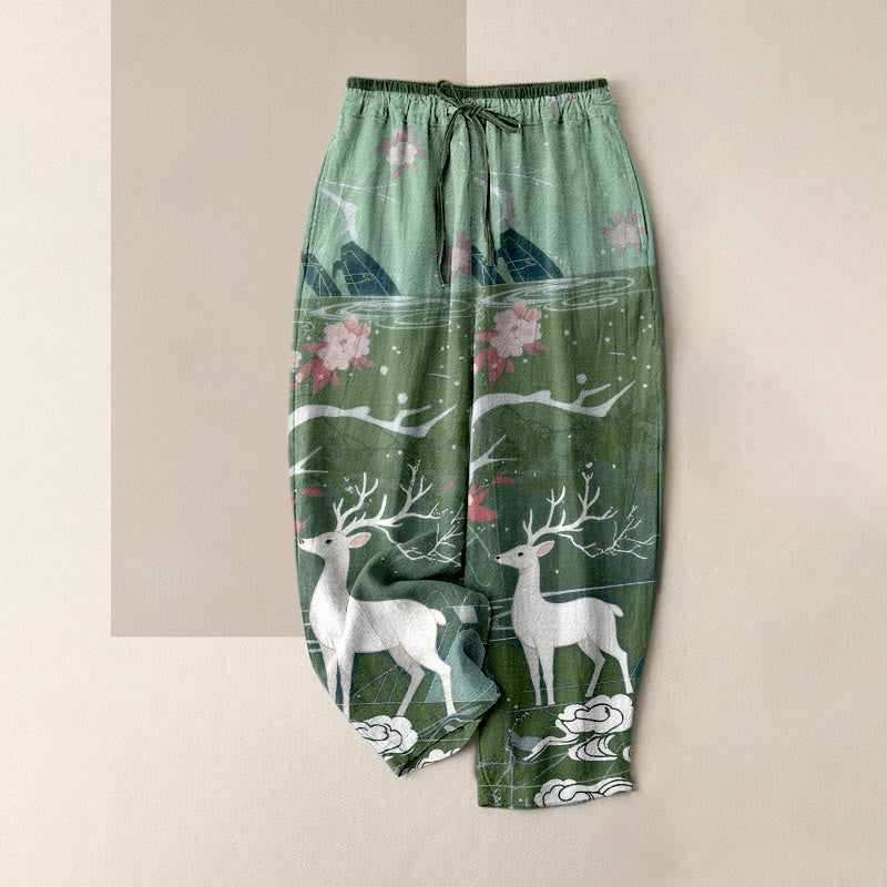 Buddha Stones Pantalones de mujer de algodón puro con estampado de flores rosas, ciervos y montaña, cintura elástica y bolsillos. - Verde mar oscuro - US16，UK/AU20，EU48 (3XL) - image 3