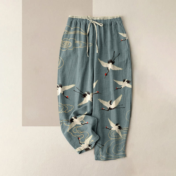 Buddha Stones Pantalones de mujer de algodón puro con estampado de grullas y nubes, cintura elástica y bolsillos. - Gris pizarra claro - US16，UK/AU20，EU48 (3XL) - image 3