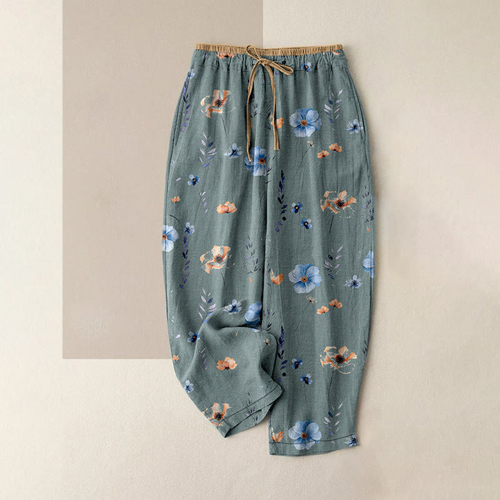 Buddha Stones Pantalones de mujer de algodón puro con estampado de flores silvestres y melocotón, cintura elástica y bolsillos. - Azul cadete - US16，UK/AU20，EU48 (3XL) - image 0