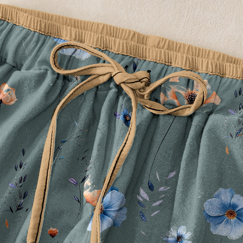 Buddha Stones Pantalones de mujer de algodón puro con estampado de flores silvestres y melocotón, cintura elástica y bolsillos. - image 1