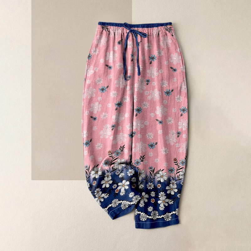 Buddha Stones Pantalones de mujer de algodón puro con estampado de margaritas, cintura elástica y bolsillos. - rosa claro - US16，UK/AU20，EU48 (3XL) - image 3