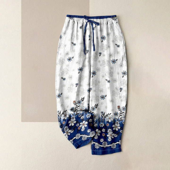 Buddha Stones Pantalones de mujer de algodón puro con estampado de margaritas, cintura elástica y bolsillos. - Humo blanco - US16，UK/AU20，EU48 (3XL) - image 6