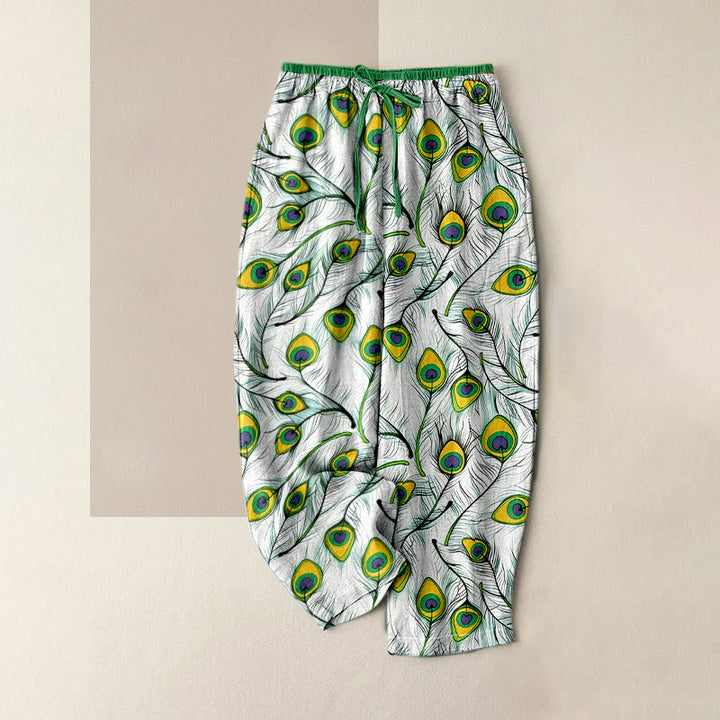 Buddha Stones Pantalones de mujer de algodón puro con estampado de corazón de pavo real, cintura elástica y bolsillos. - Verde bosque - US16，UK/AU20，EU48 (3XL) - image 6
