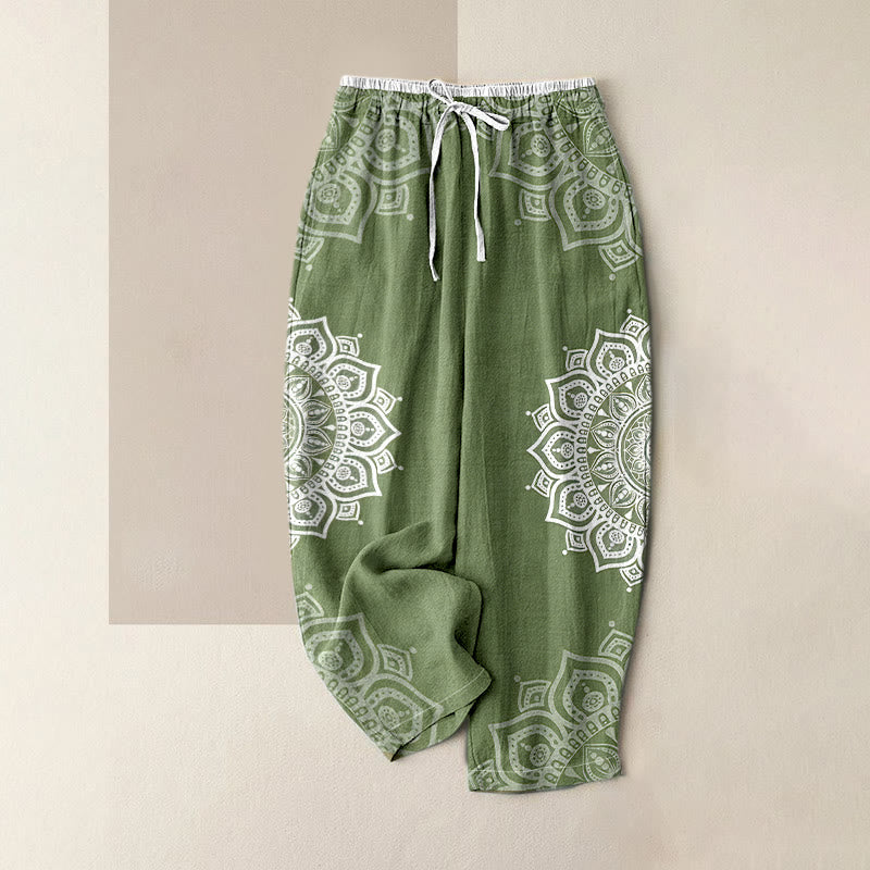 Buddha Stones Pantalones de mujer de algodón puro con estampado de mandala, cintura elástica y bolsillos. - Verde mar oscuro - US16，UK/AU20，EU48 (3XL) - image 6