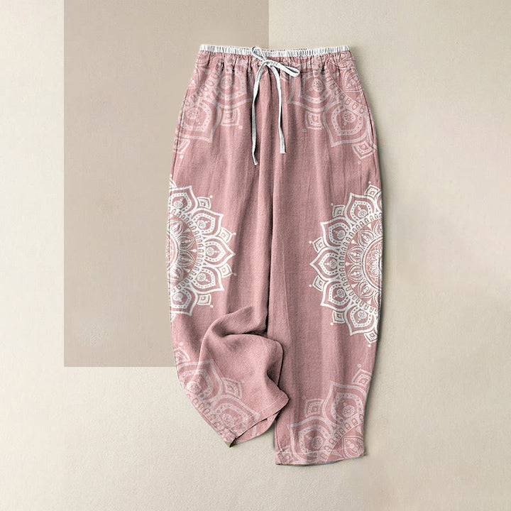 Buddha Stones Pantalones de mujer de algodón puro con estampado de mandala, cintura elástica y bolsillos. - rosa claro - US16，UK/AU20，EU48 (3XL) - image 0