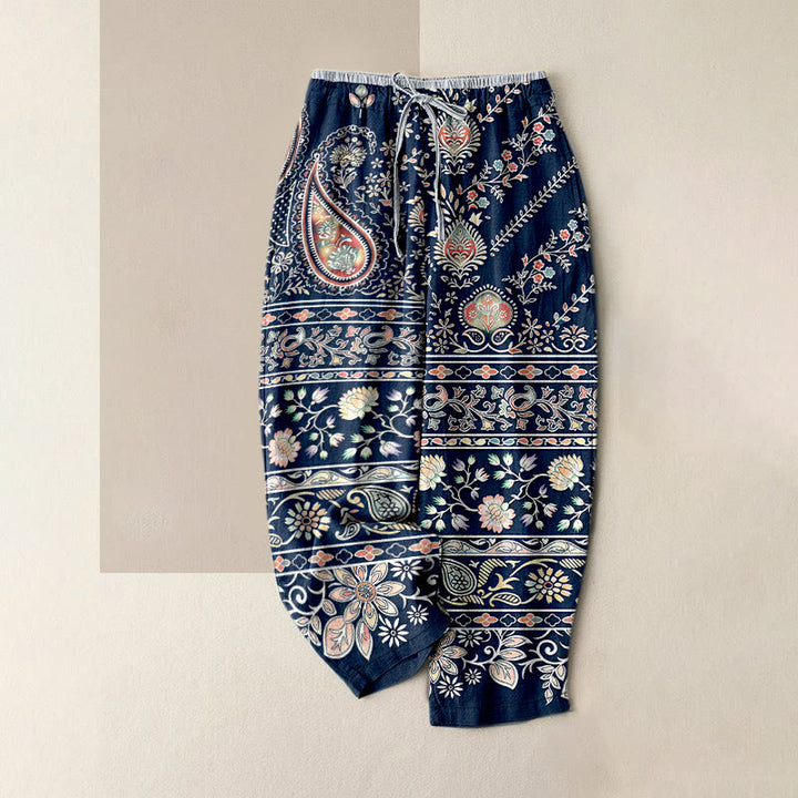 Buddha Stones Pantalones de mujer de algodón puro con estampado paisley de loto, cintura elástica y bolsillos. - Azul acero - US16，UK/AU20，EU48 (3XL) - image 0