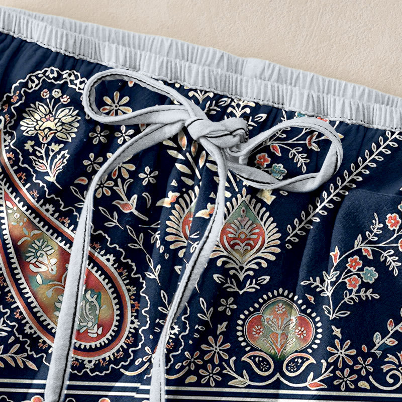 Buddha Stones Pantalones de mujer de algodón puro con estampado paisley de loto, cintura elástica y bolsillos. - image 1