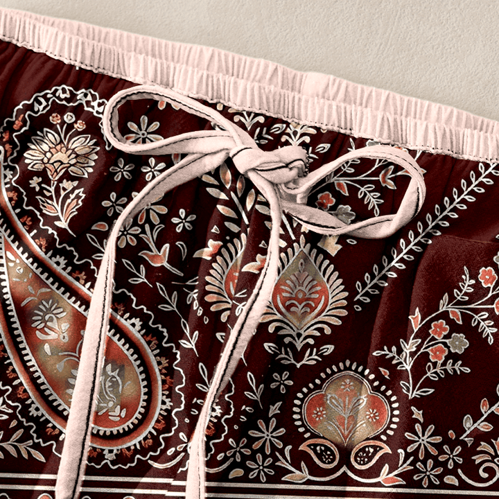 Buddha Stones Pantalones de mujer de algodón puro con estampado paisley de loto, cintura elástica y bolsillos. - image 5