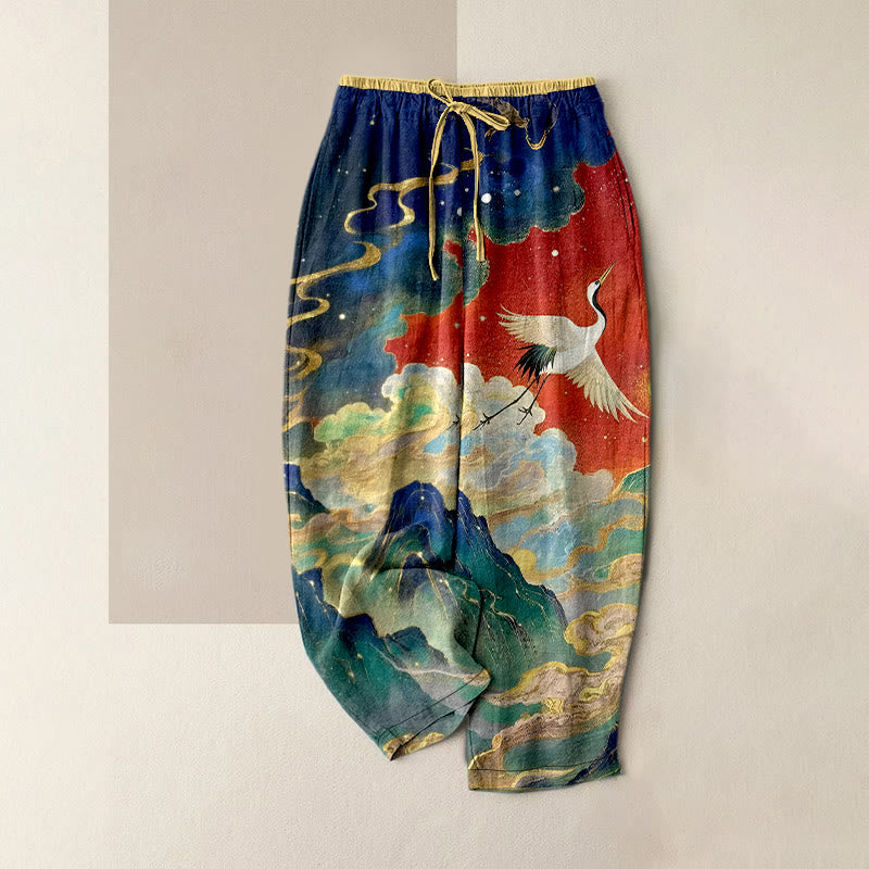 Buddha Stones Pantalones de mujer de algodón puro con estampado de grullas, nubes y montañas, cintura elástica y bolsillos. - Rojo anaranjado - US16，UK/AU20，EU48 (3XL) - image 8