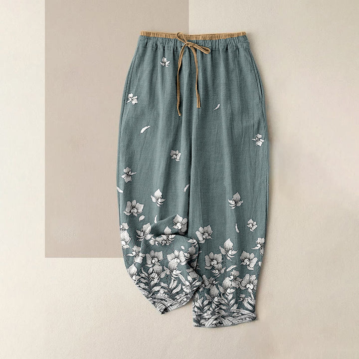 Buddha Stones Pantalones de mujer de algodón puro con estampado de pétalos de flores, cintura elástica y bolsillos. - Verde mar claro - US16，UK/AU20，EU48 (3XL) - image 0