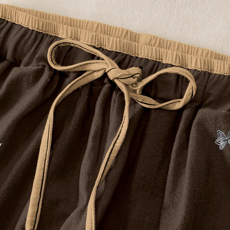 Buddha Stones Pantalones de mujer de algodón puro con estampado de pétalos de flores, cintura elástica y bolsillos. - image 5