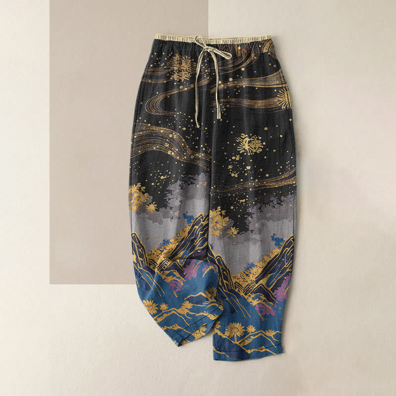 Buddha Stones Pantalones de mujer de algodón puro con estampado de pétalos de flores, cintura elástica y bolsillos. - Negro - US16，UK/AU20，EU48 (3XL) - image 0