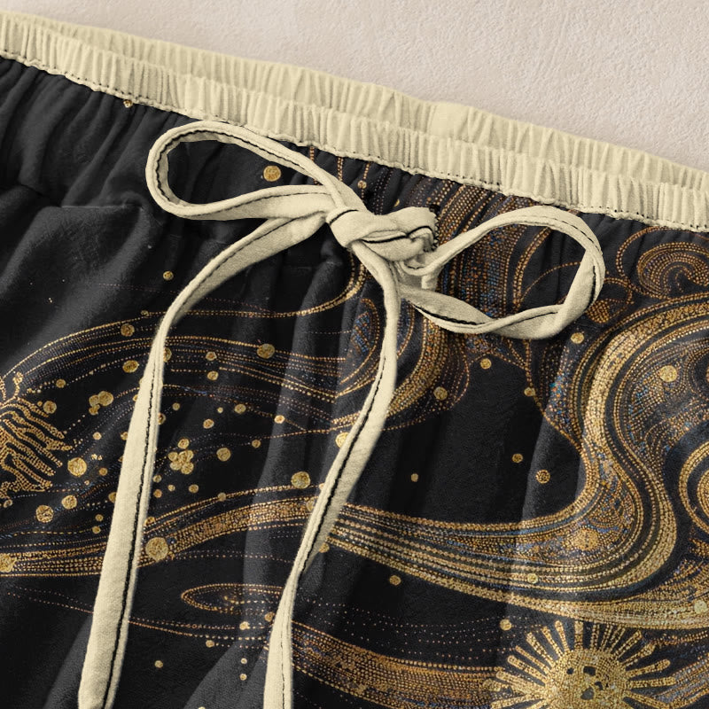 Buddha Stones Pantalones de mujer de algodón puro con estampado de pétalos de flores, cintura elástica y bolsillos. - image 1