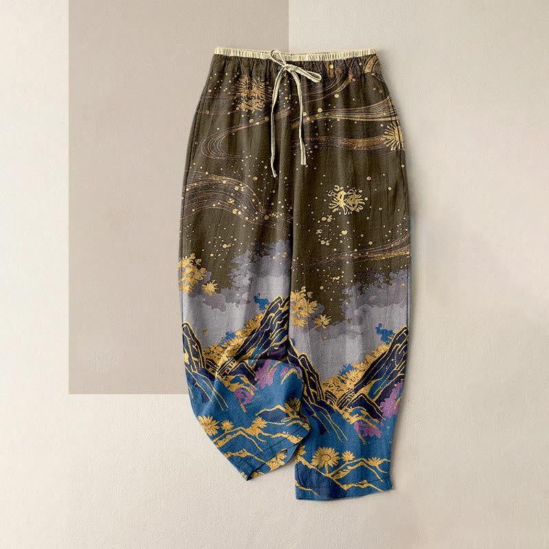 Buddha Stones Pantalones de mujer de algodón puro con estampado de pétalos de flores, cintura elástica y bolsillos. - Vara de oro oscura - US16，UK/AU20，EU48 (3XL) - image 8