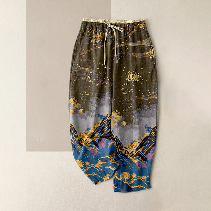 Buddha Stones Pantalones de mujer de algodón puro con estampado de pétalos de flores, cintura elástica y bolsillos. - Vara de oro oscura - US16，UK/AU20，EU48 (3XL) - image 8