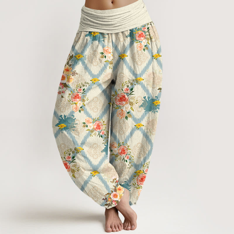 Buddha Stones Pantalones harem de mujer con cintura elástica y estampado geométrico de rosas de algodón. - Concha - US16，UK/AU20，EU48 (3XL) - image 0