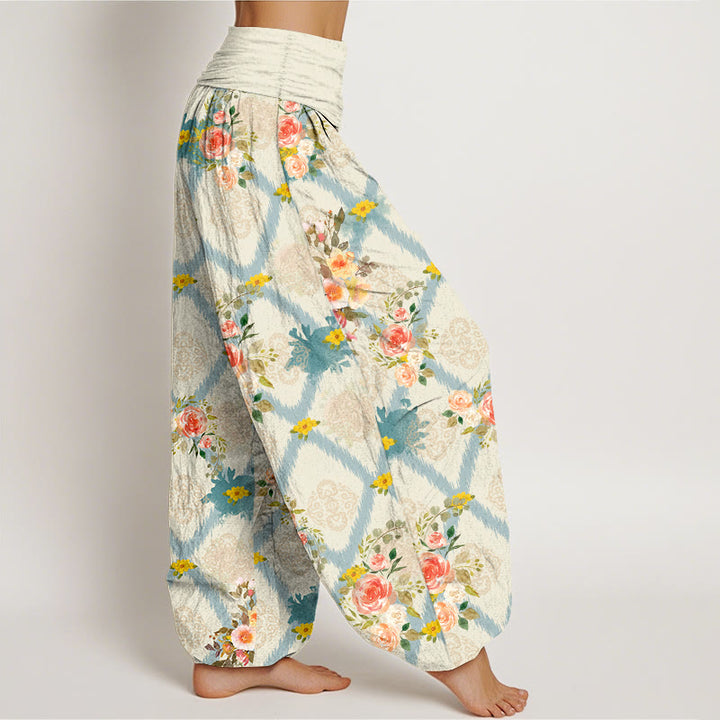 Buddha Stones Pantalones harem de mujer con cintura elástica y estampado geométrico de rosas de algodón. - image 2