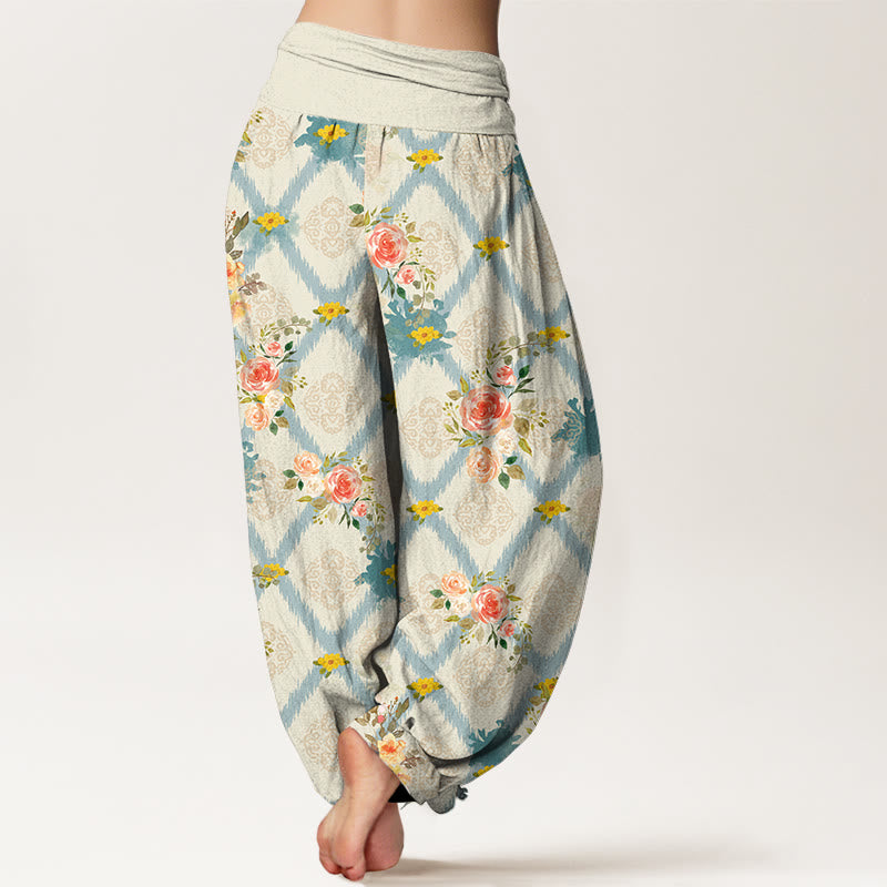 Buddha Stones Pantalones harem de mujer con cintura elástica y estampado geométrico de rosas de algodón. - image 1