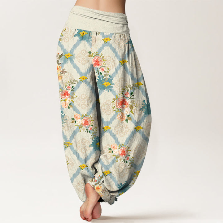 Buddha Stones Pantalones harem de mujer con cintura elástica y estampado geométrico de rosas de algodón. - image 1