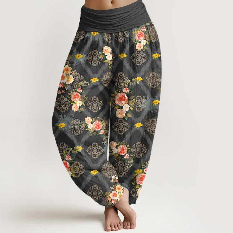 Buddha Stones Pantalones harem de mujer con cintura elástica y estampado geométrico de rosas de algodón. - Gris oscuro - US16，UK/AU20，EU48 (3XL) - image 5