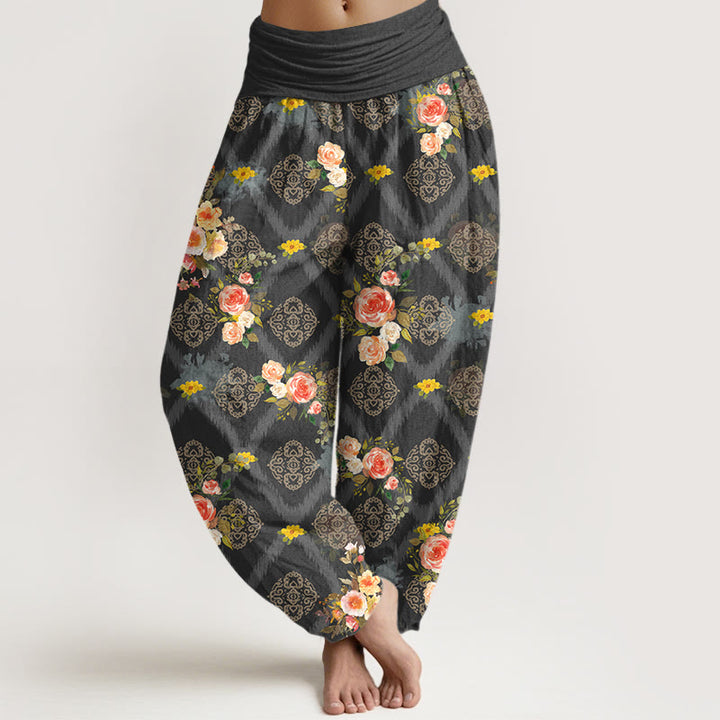 Buddha Stones Pantalones harem de mujer con cintura elástica y estampado geométrico de rosas de algodón. - Gris oscuro - US16，UK/AU20，EU48 (3XL) - image 5
