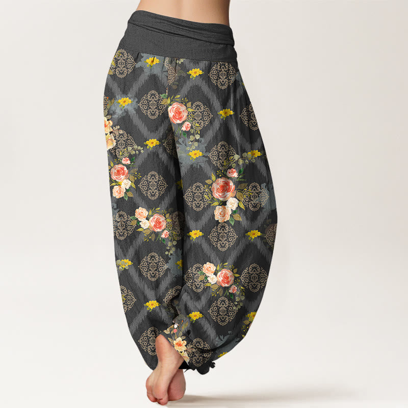 Buddha Stones Pantalones harem de mujer con cintura elástica y estampado geométrico de rosas de algodón. - image 6